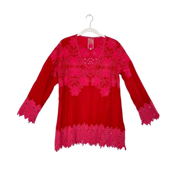 Johnny Was Red Crochet Lace Embroidered Eyelet Tunic in Red - Sz M - Picture 1 of 8